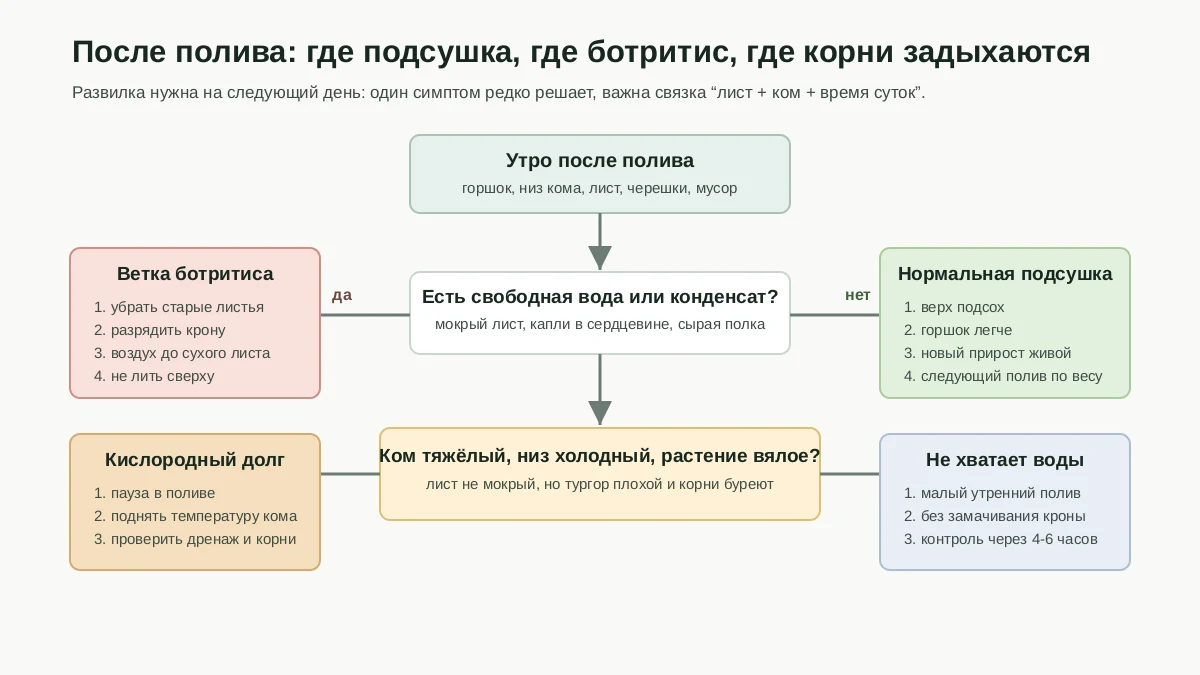 Диагностическая схема после зимнего полива: нормальная подсушка, ботритис, кислородный долг и нехватка воды