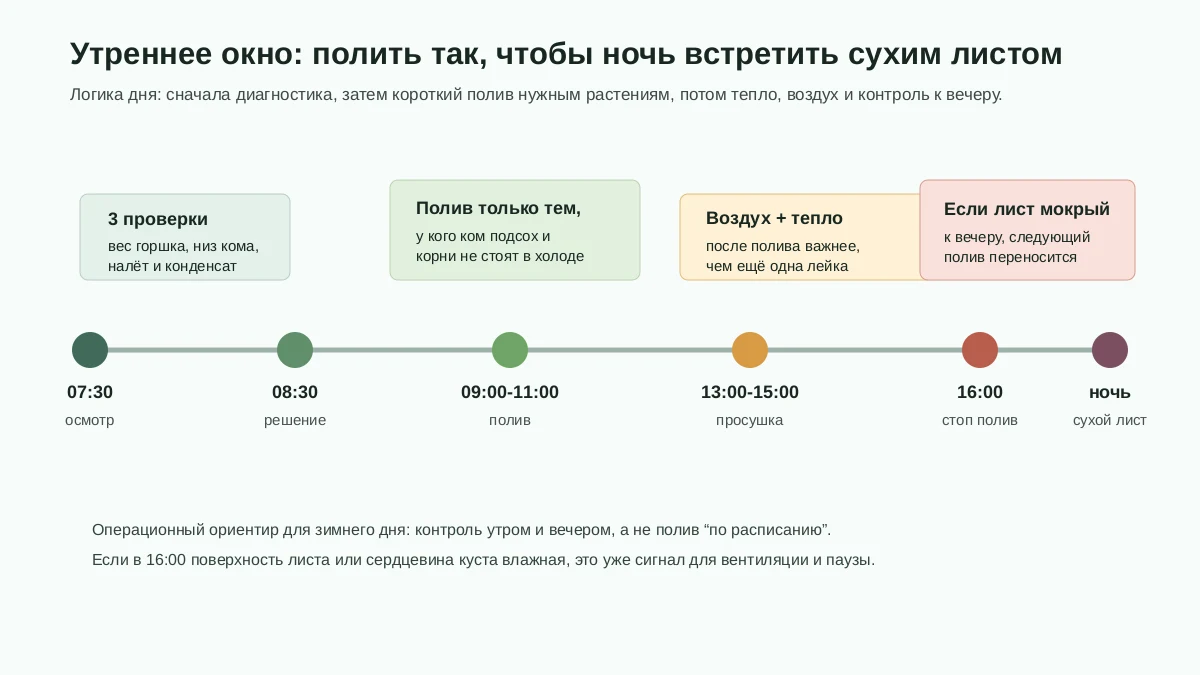 Схема утреннего окна зимнего полива с проверкой, поливом, просушкой и вечерним стопом