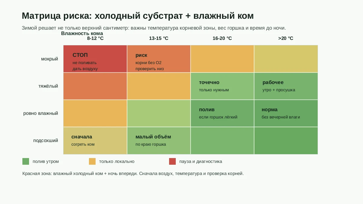 Матрица риска зимнего полива по температуре субстрата и влажности кома