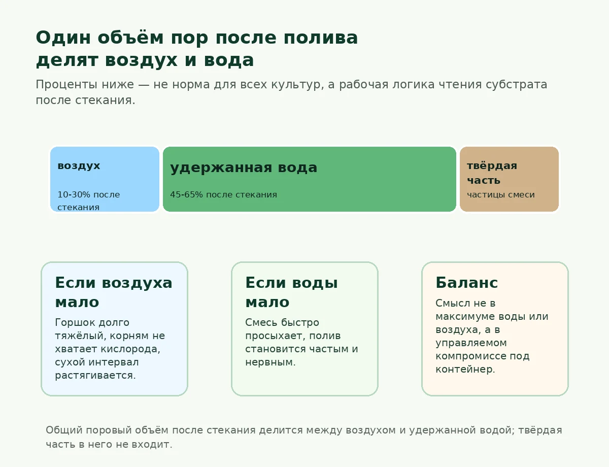 Схема распределения порового объёма субстрата между воздухом, водой и твёрдой частью после полива