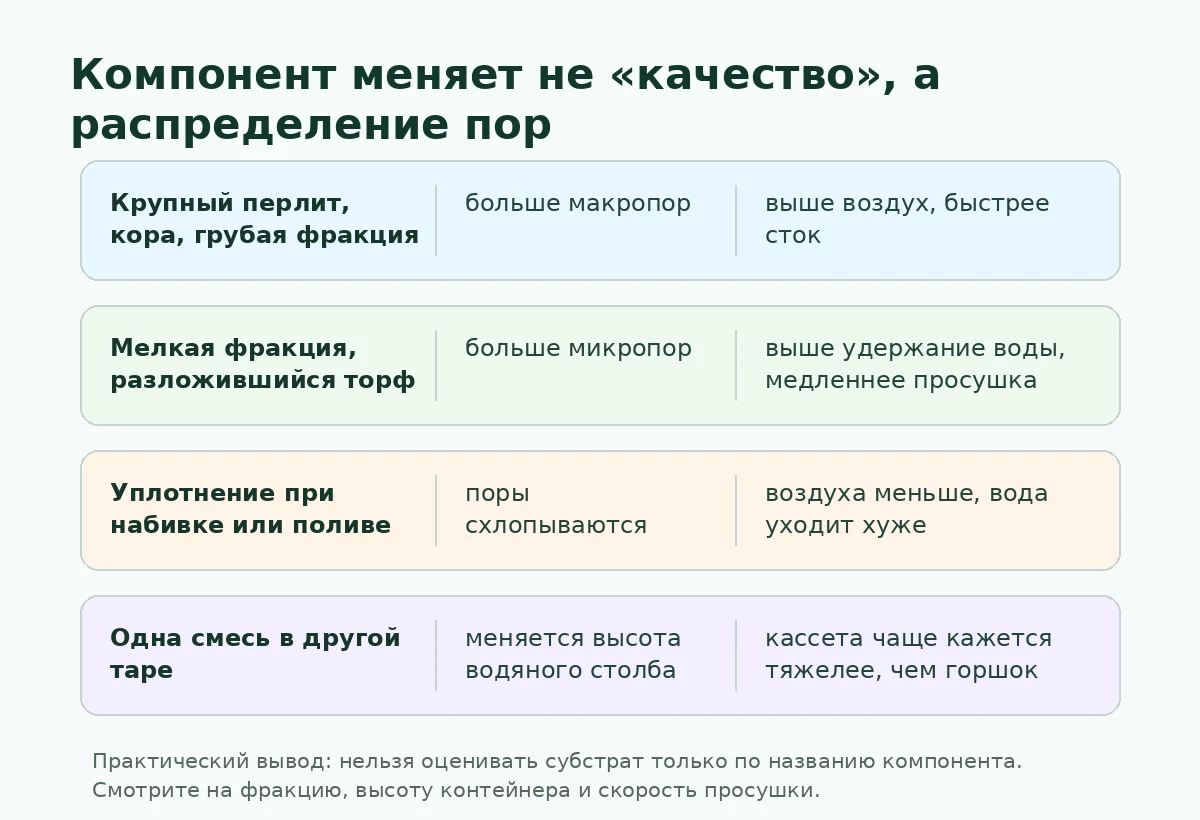 Схема влияния фракции, перлита, мелких частиц, уплотнения и высоты тары на воздух и воду в субстрате