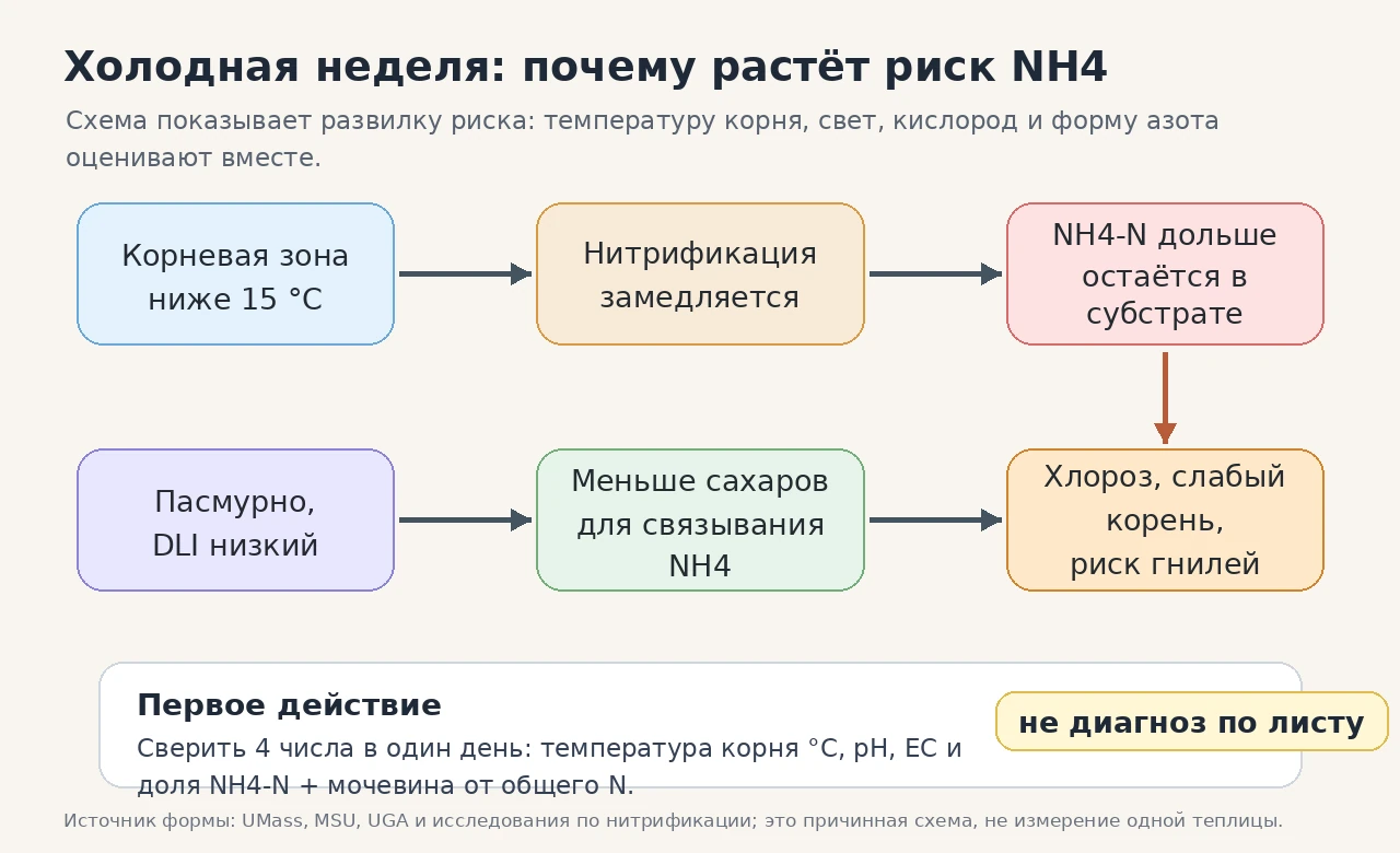 Схема причин: холодная корневая зона, мокрый субстрат и слабый свет повышают риск накопления аммония и корневого стресса