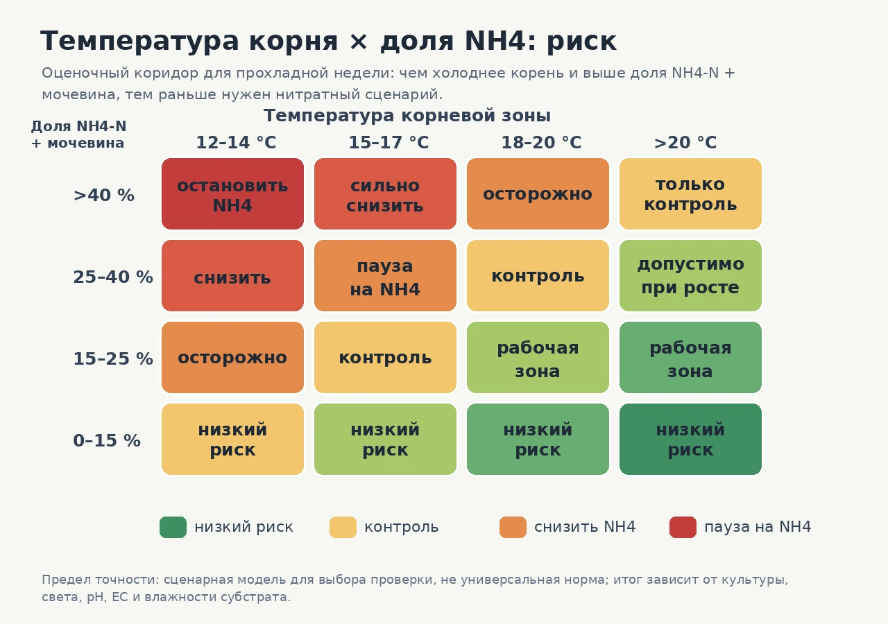 Тепловая карта: при 10-14 градусах и высокой доле аммонийного азота риск выше, при 16-18 градусах ниже