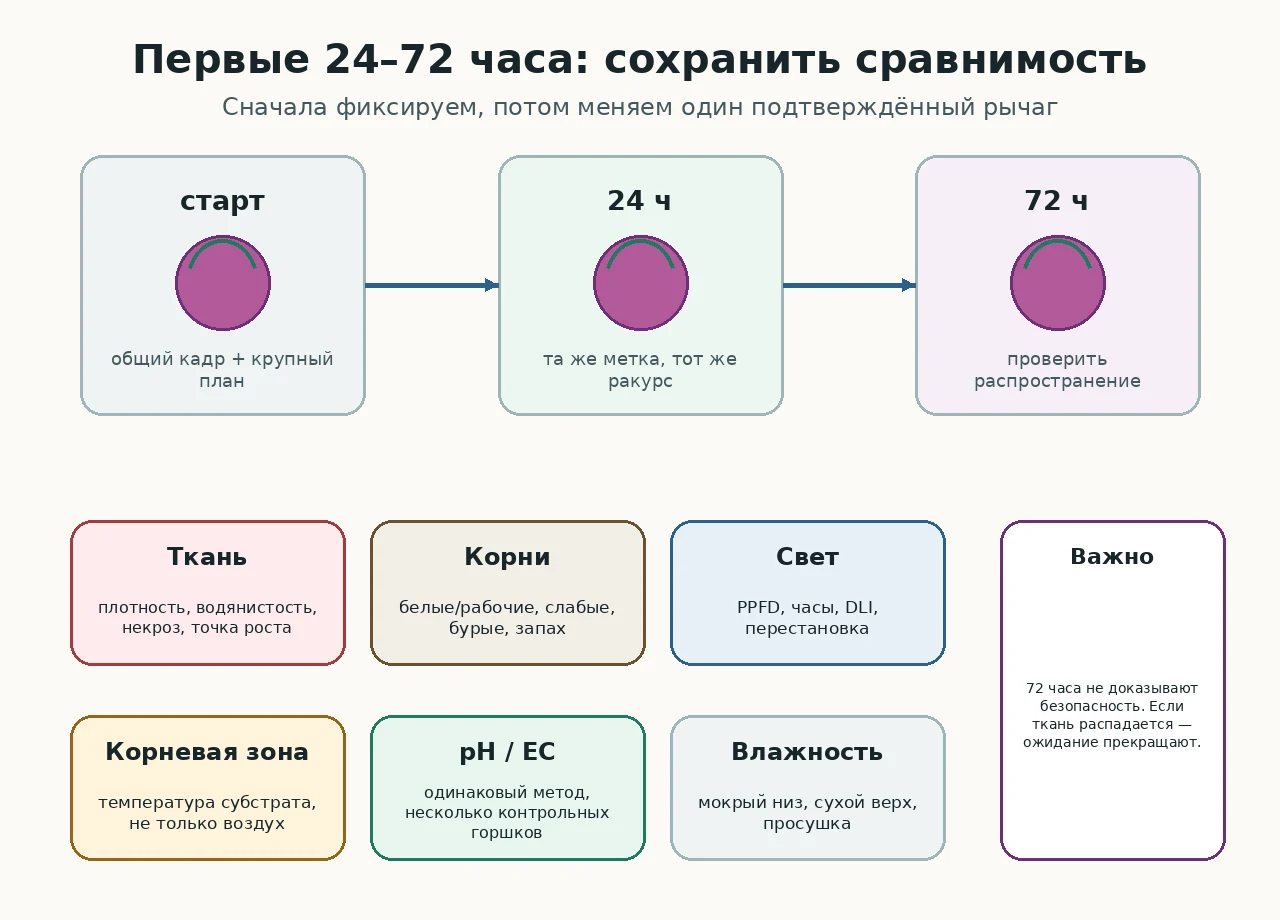 Последовательность наблюдений за фиолетовым листом: повторные фото, ткань, корни, PPFD/DLI, температура корневой зоны, pH/EC и влажность субстрата.