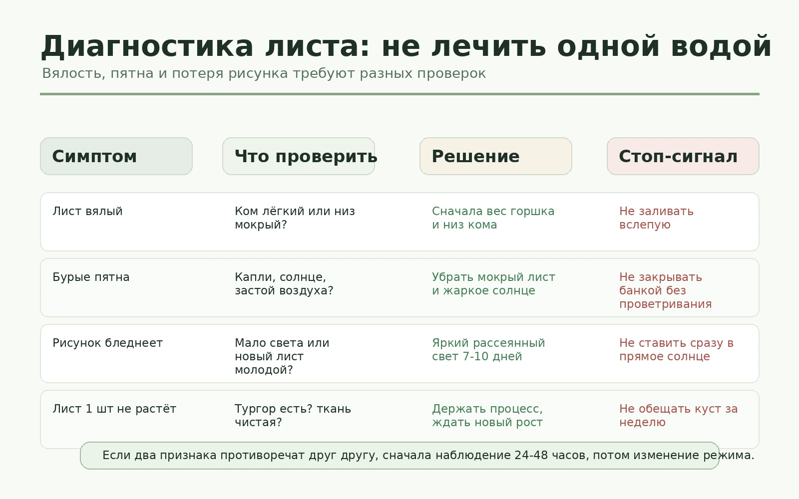 Диагностическая схема Бегонии Бауэра: вялость, пятна, потеря рисунка и листовой старт требуют разных проверок.