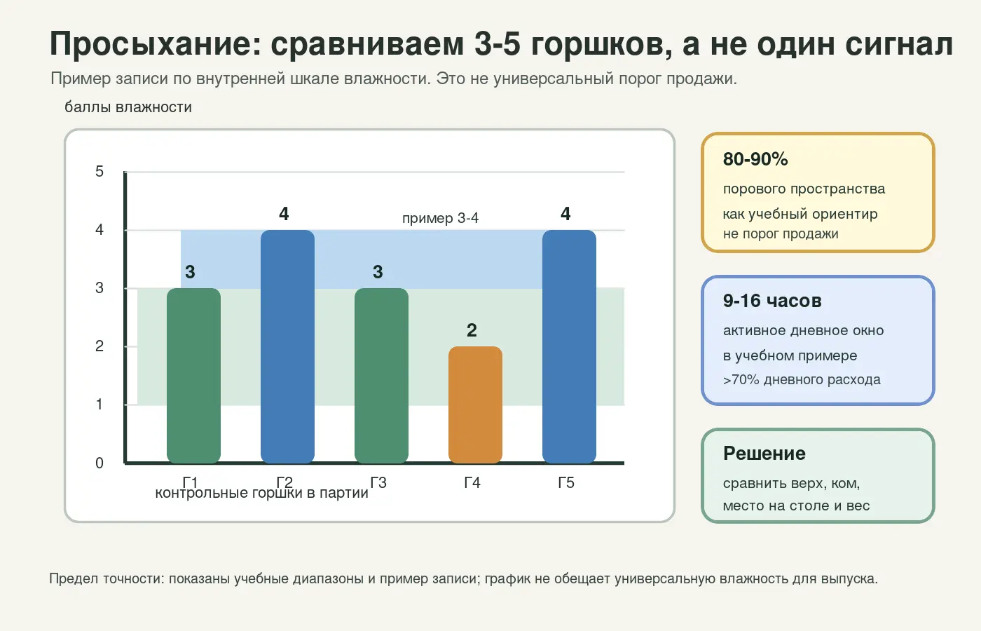 Учебный график сравнения 3-5 контрольных горшков по внутренней шкале влажности