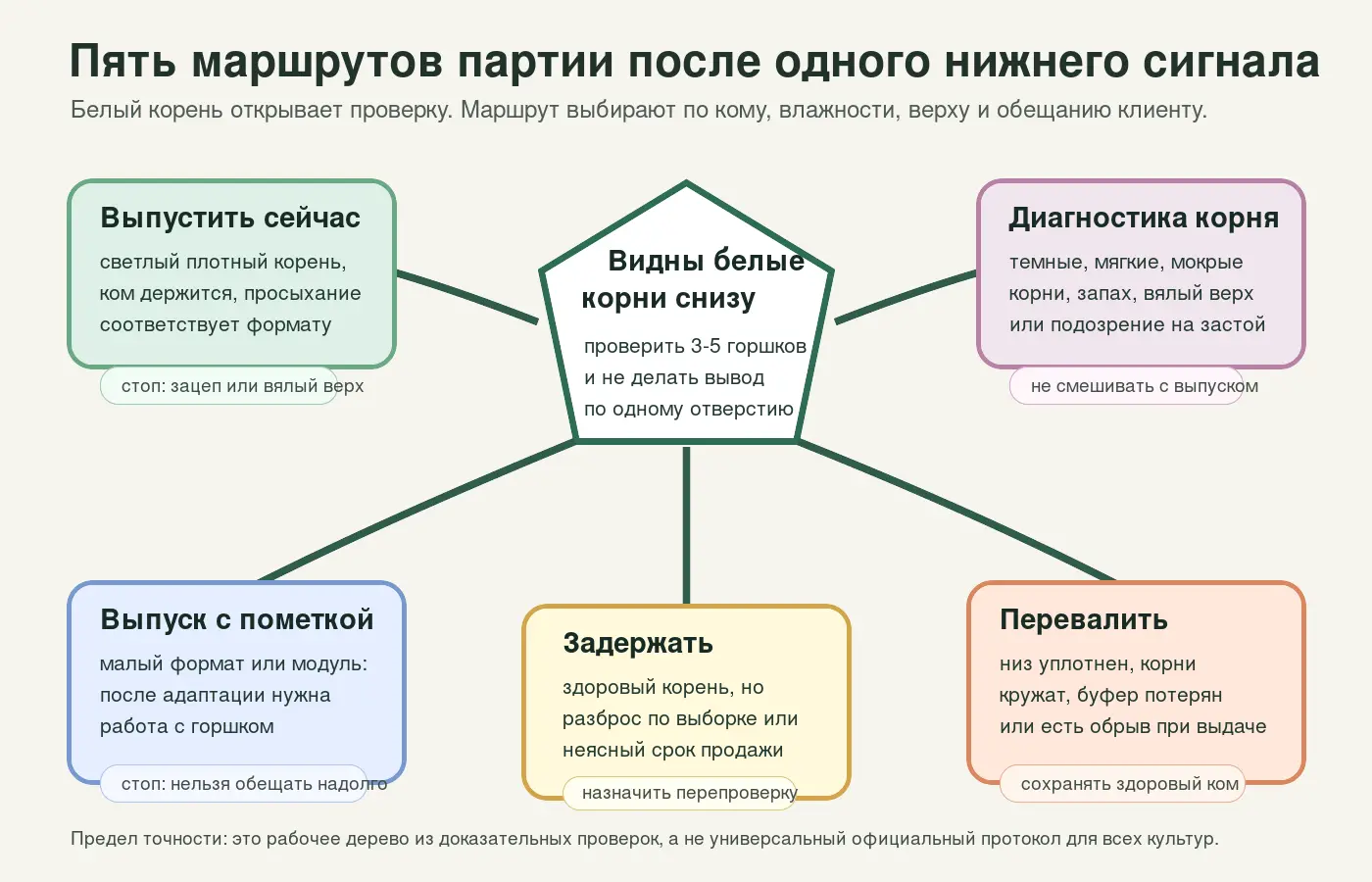 Дерево пяти маршрутов лота после проверки белых корней снизу, кома и влажности