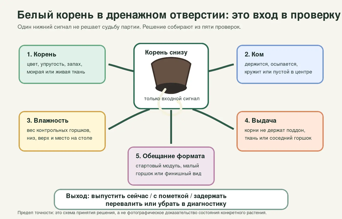 Схема проверки белого корня в дренажном отверстии: корень, ком, влажность, выдача и формат продажи