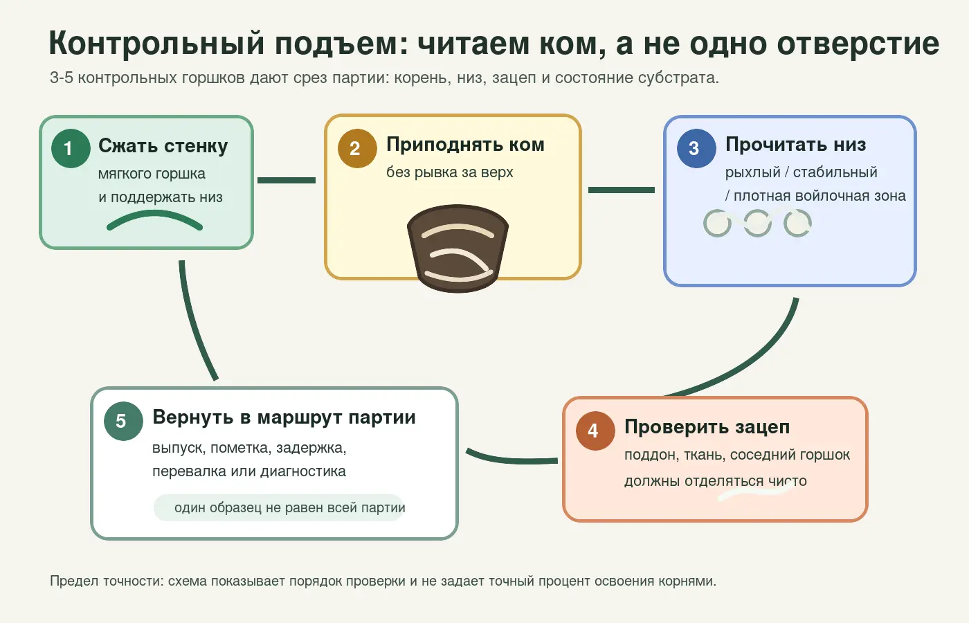 Схема контрольного подъема горшка для проверки корневого кома, нижней зоны и зацепа корней