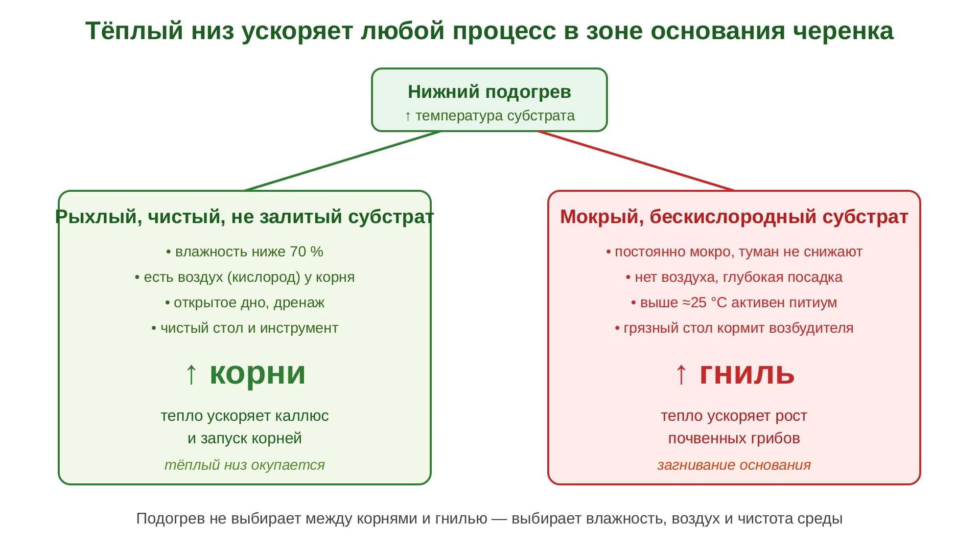Схема: один и тот же нижний подогрев даёт корни в рыхлом сухом субстрате и гниль в мокром бескислородном