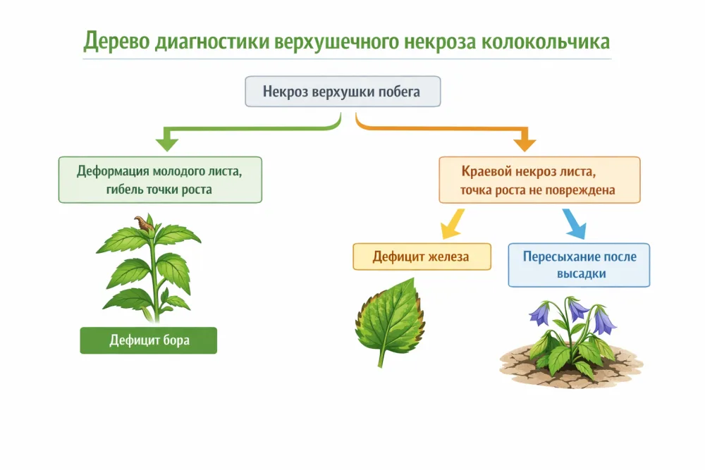Схема-дерево диагностики верхушечного некроза кампанулы: дефицит бора против дефицита железа и пересыхания