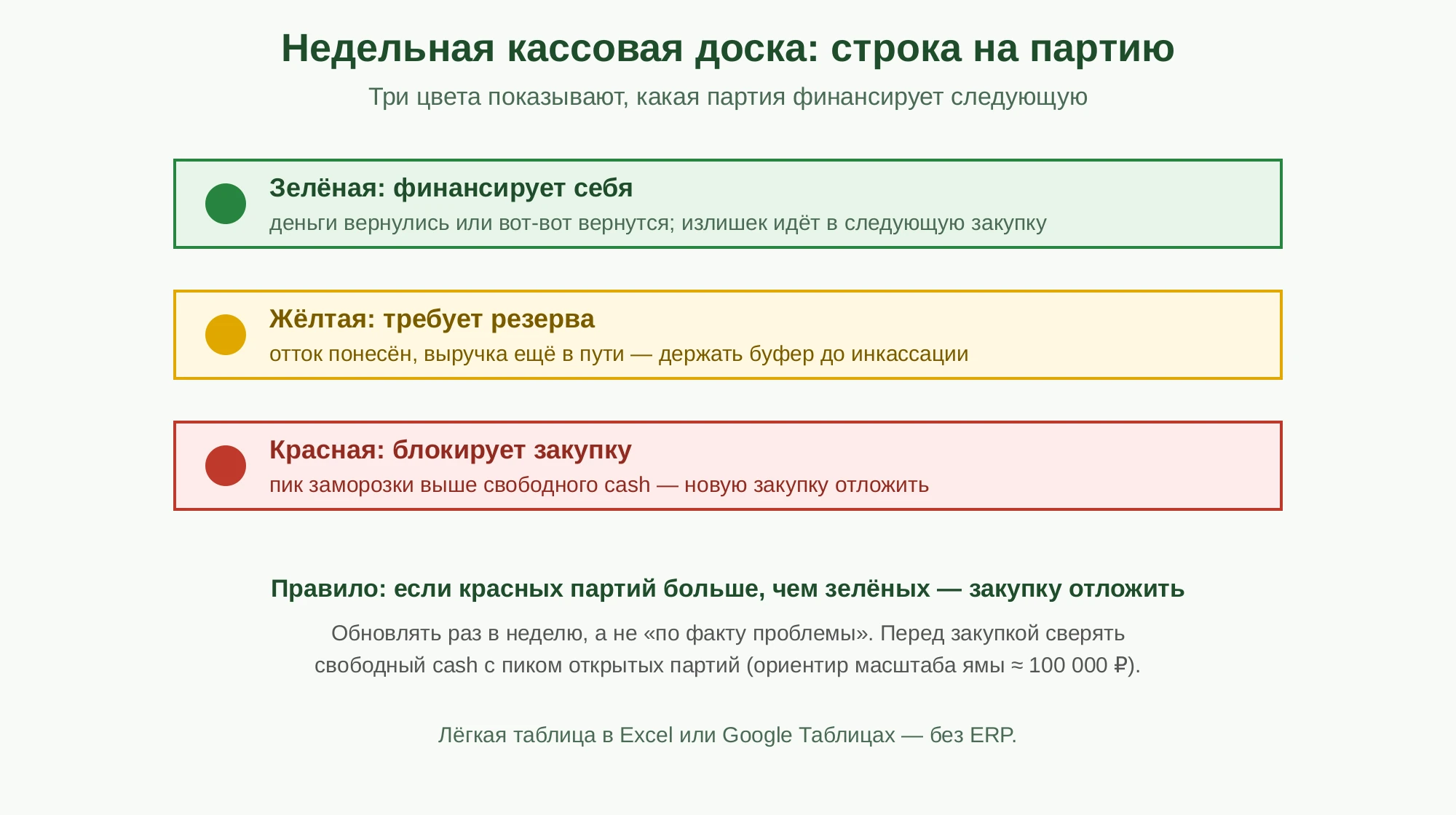 Легенда цветовой кодировки недельной кассовой доски: три плашки — зелёная партия финансирует себя, жёлтая требует резерва до инкассации, красная блокирует следующую закупку; ниже правило: если красных партий больше, чем зелёных, закупку отложить