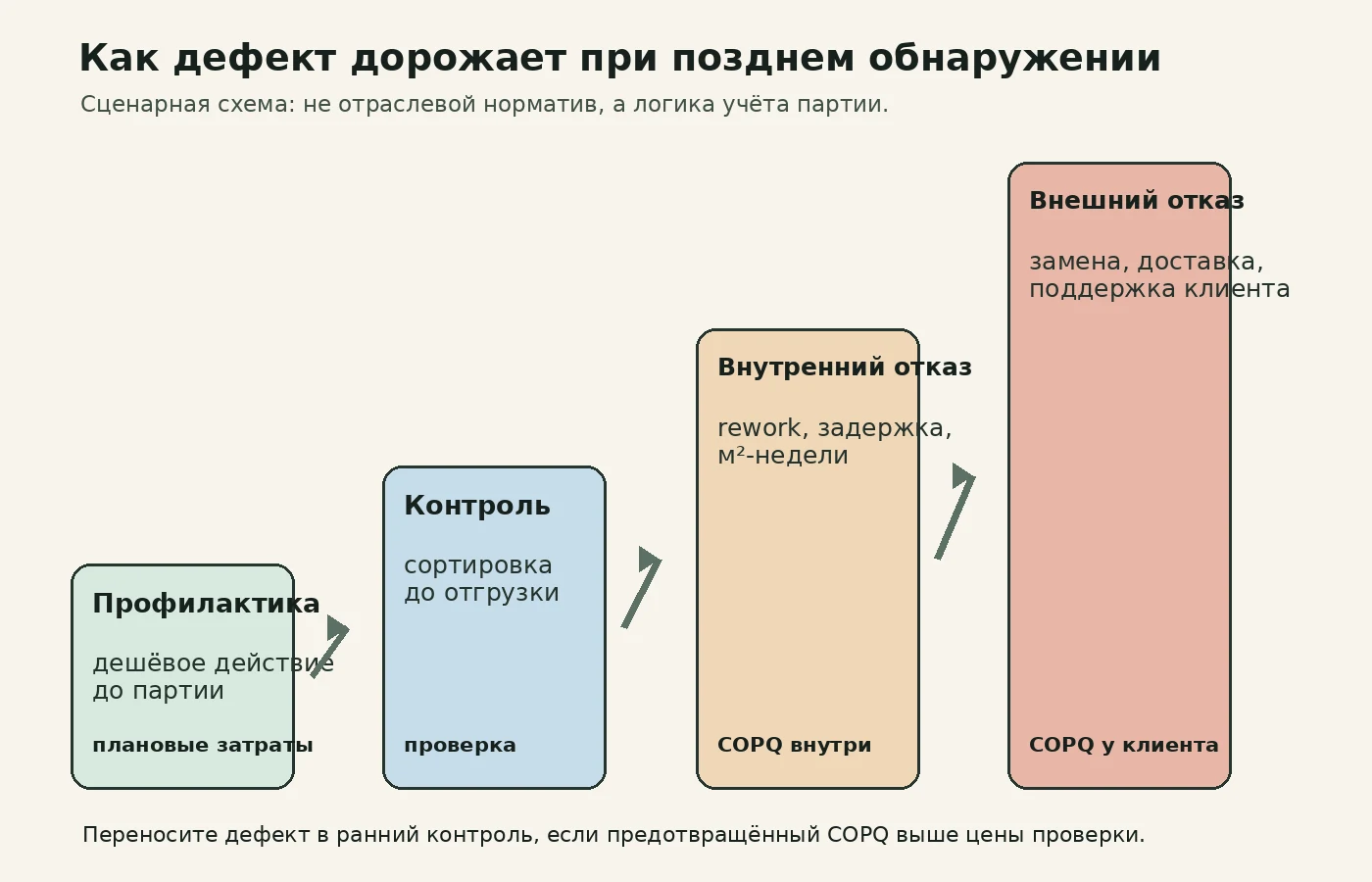Схема роста стоимости дефекта от раннего контроля до рекламации
