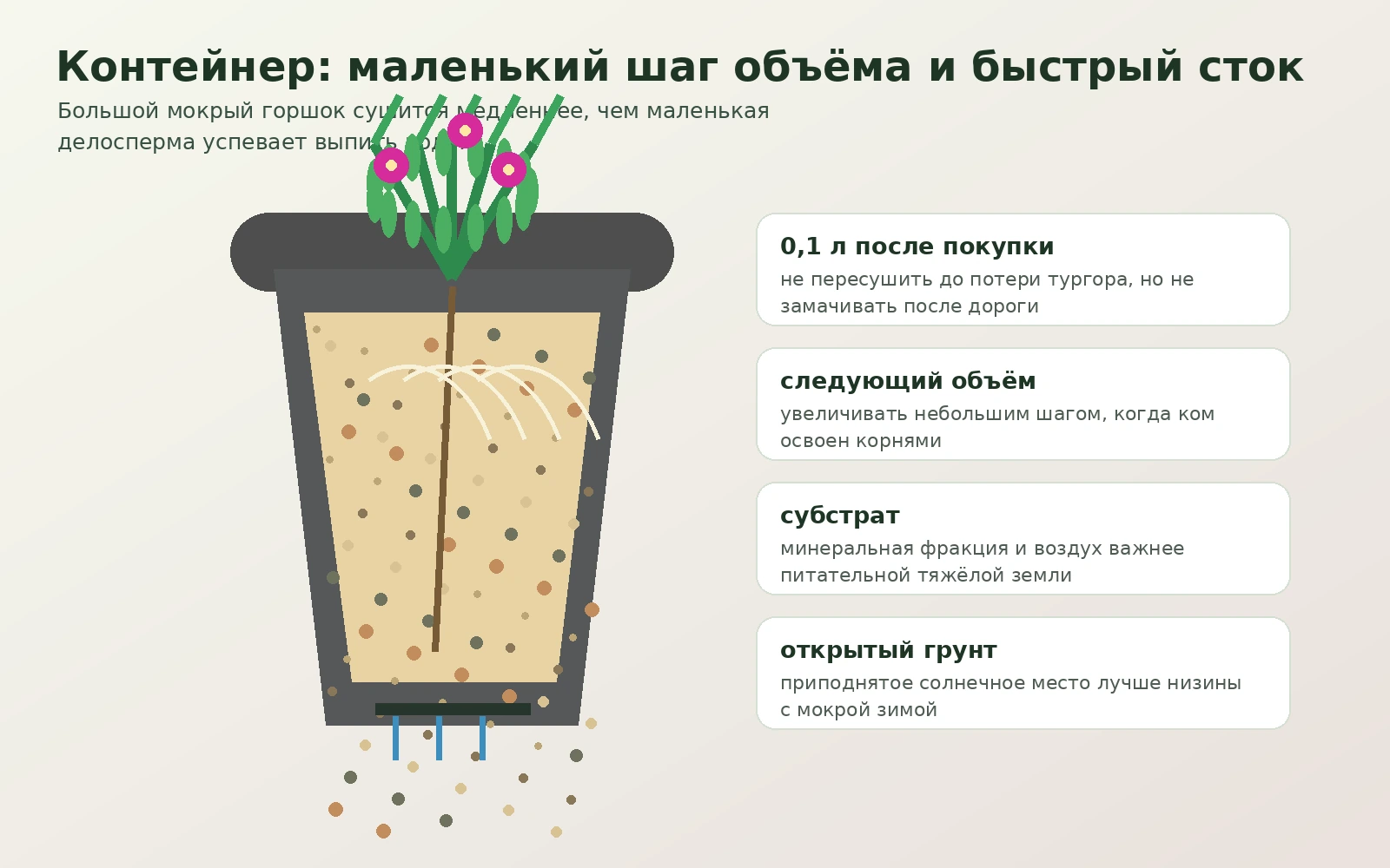 Контейнер для делоспермы: небольшой шаг объёма, минеральная структура и быстрый сток