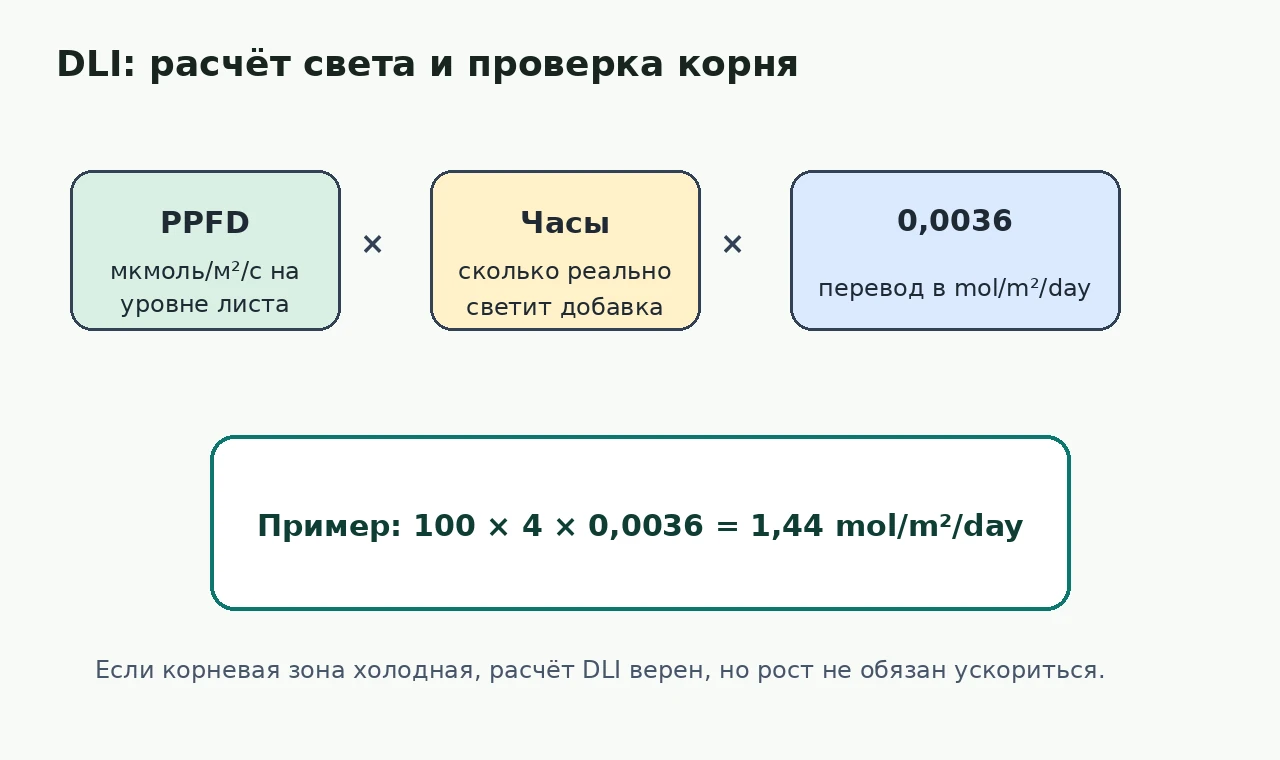 DLI считается через PPFD, часы и 0,0036