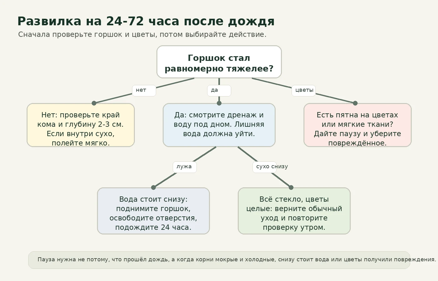 Дерево решений после дождя для горшечного растения на 24-72 часа
