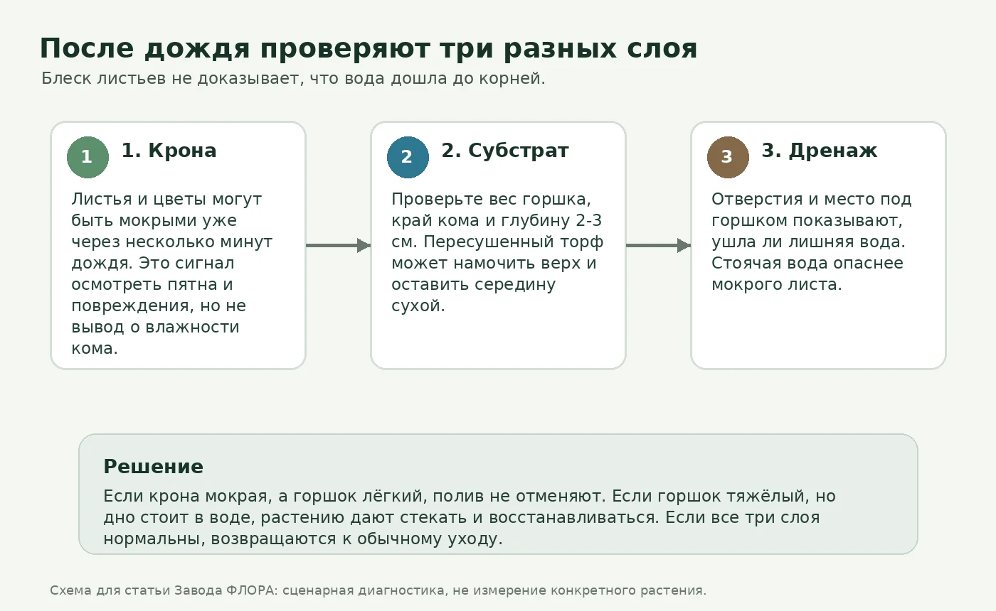Схема трёх слоёв проверки растения после дождя: крона, субстрат и дренаж