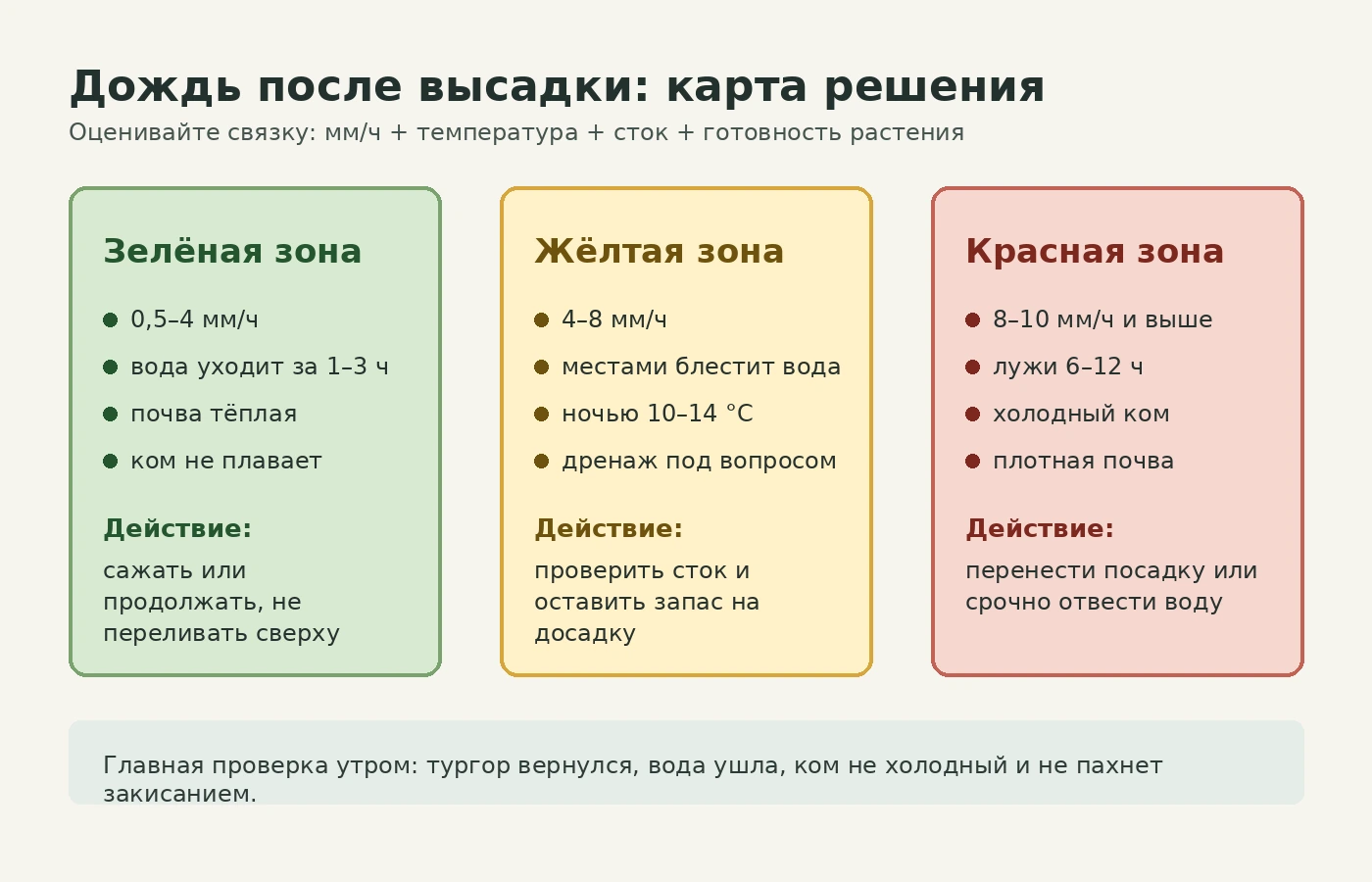 Схема решения: когда дождь после высадки помогает, когда требует наблюдения и когда переносить посадку