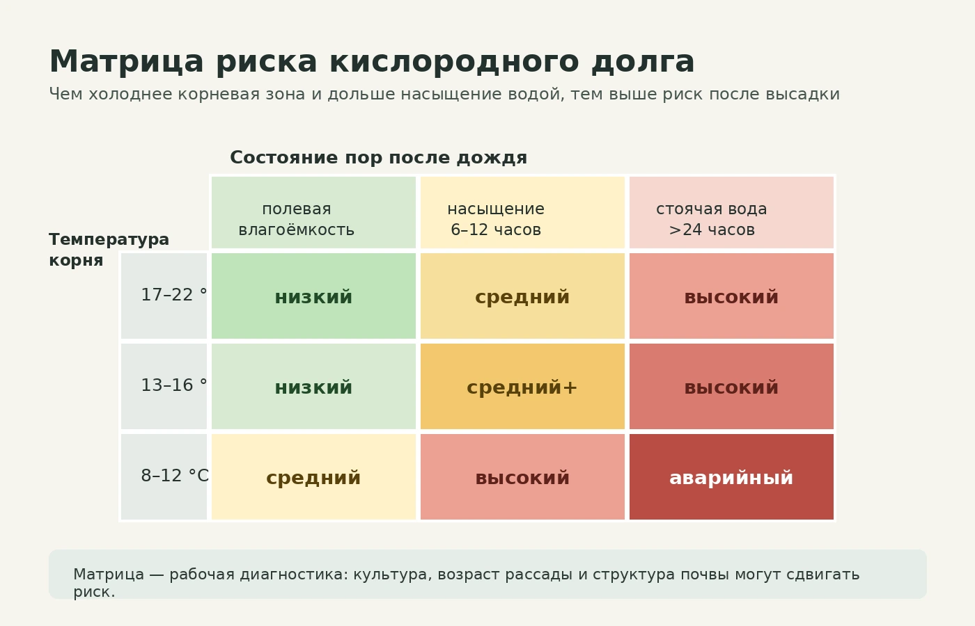 Матрица риска кислородного долга корней после дождя по температуре и насыщению почвы водой