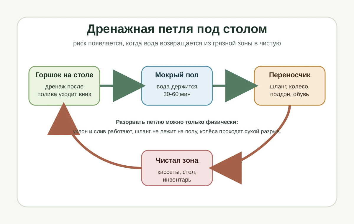 Схема дренажной петли: горшок, мокрый пол, переносчик и возврат в чистую зону.