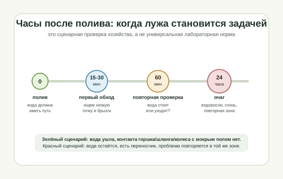 Сценарная шкала осмотра после полива: 0, 15-30 минут, 60 минут и 24 часа.