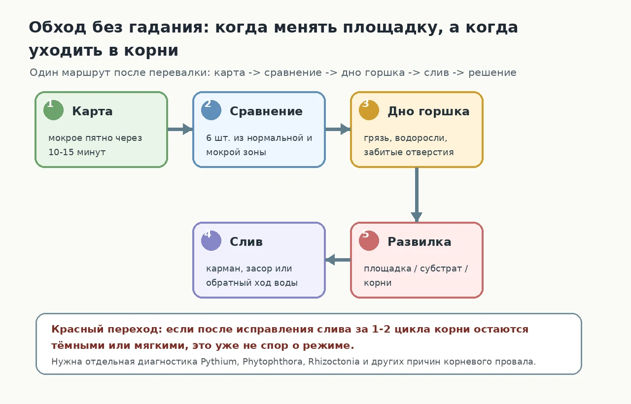 Дерево обхода мокрой зоны: карта, сравнение, дно горшка, слив и развилка между площадкой, субстратом и корнями