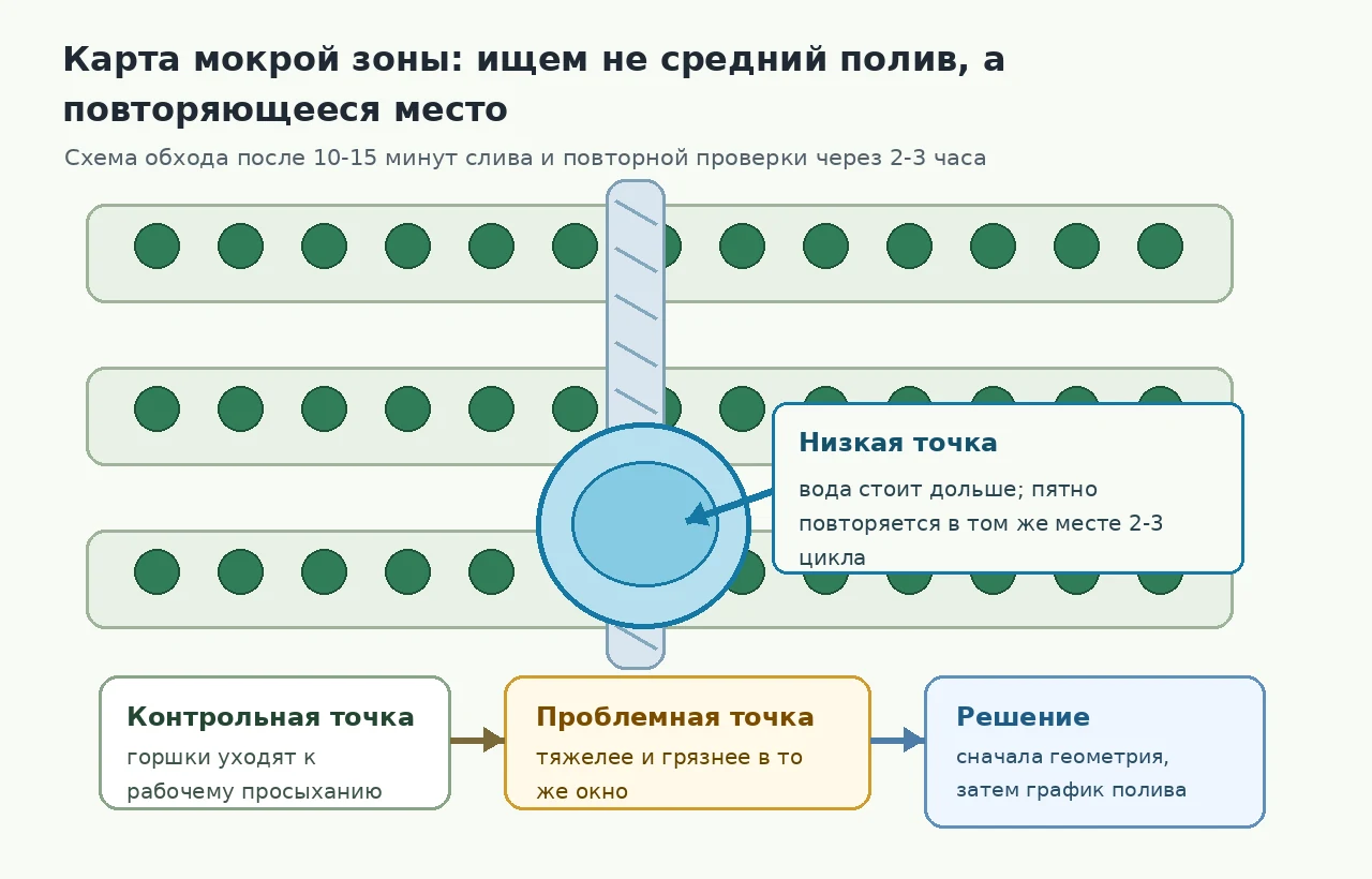 Схема карты мокрой зоны: контрольная точка, проблемная точка и решение через геометрию слива