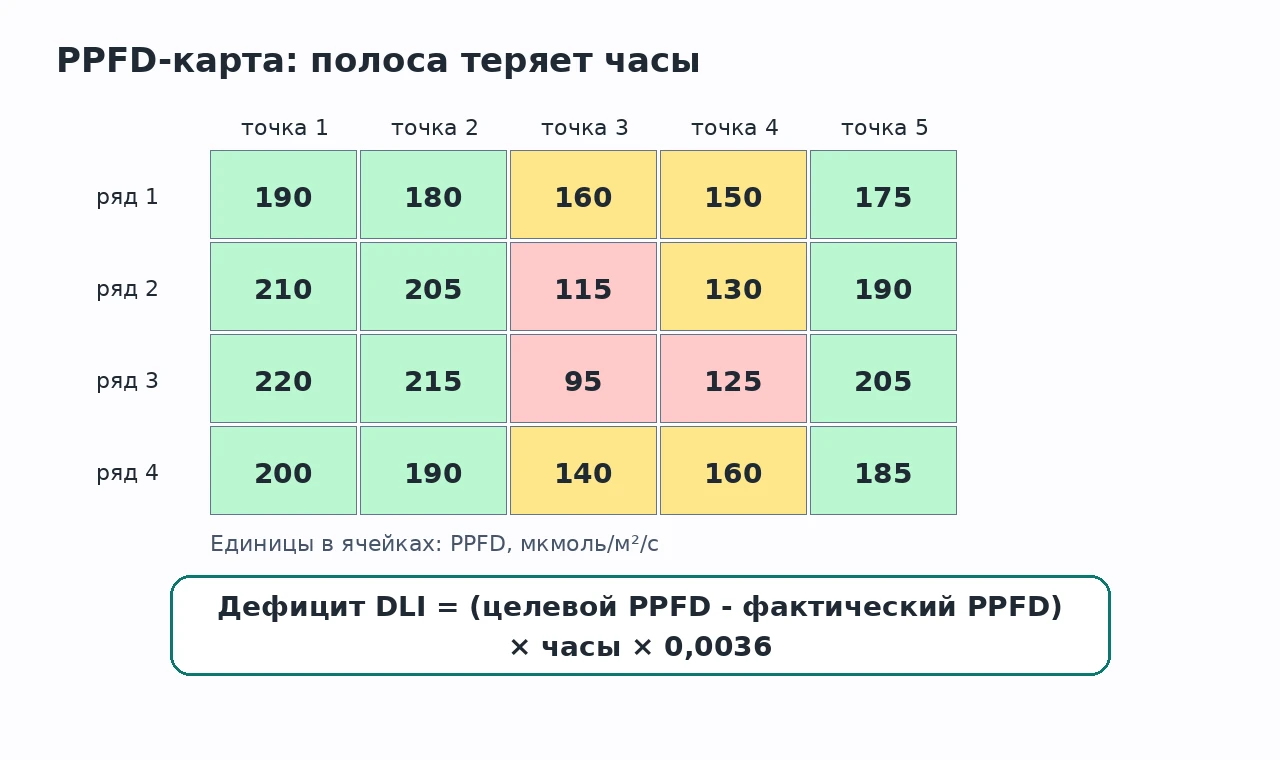 PPFD-карта с полосой движущейся тени