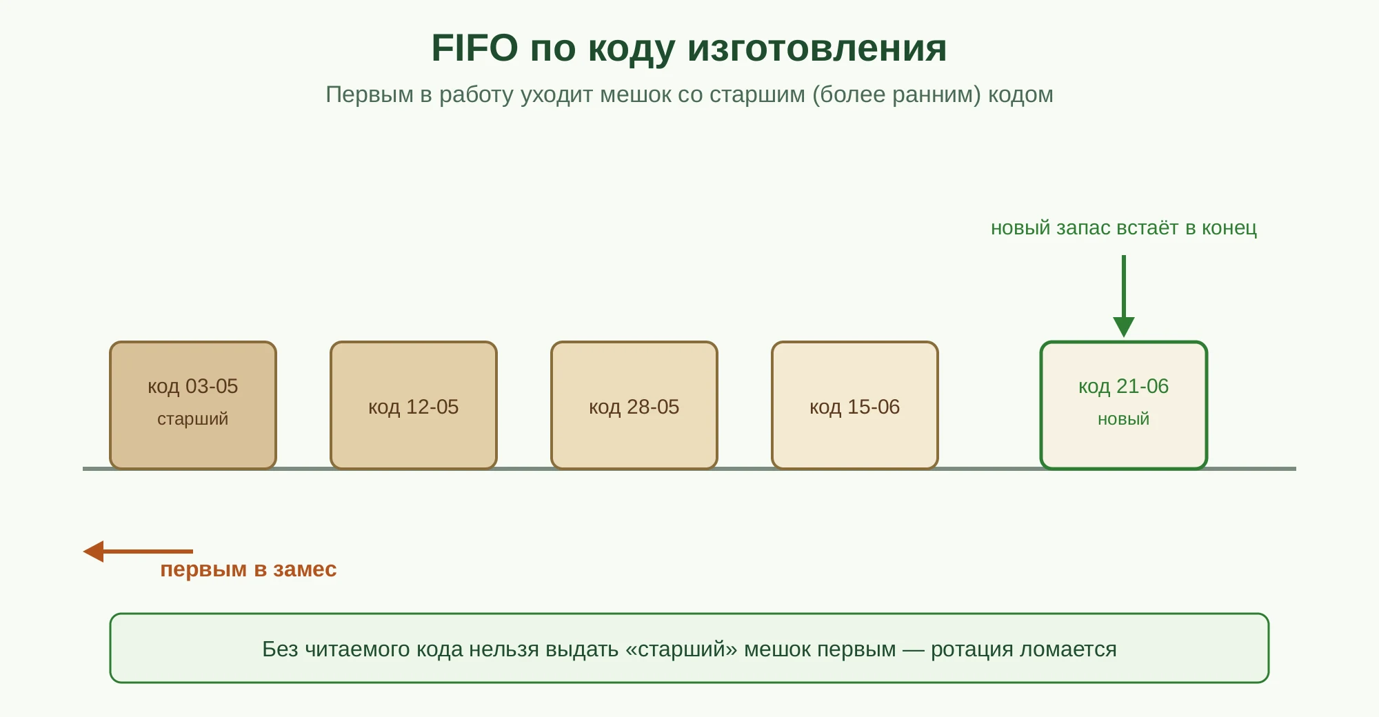 Схема FIFO: первым в работу уходит мешок со старшим кодом изготовления, новый запас встаёт в конец очереди