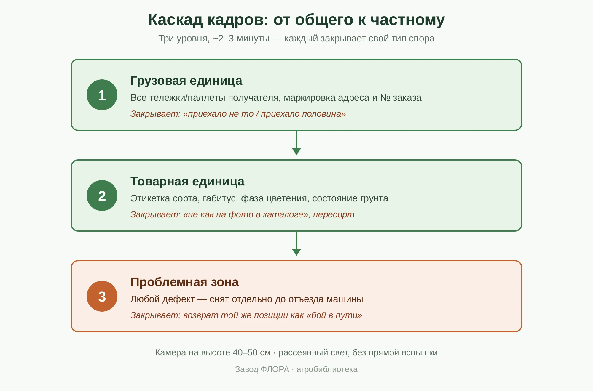 Каскад съёмки от общего к частному: грузовая единица, товарная единица, проблемная зона — каждый уровень закрывает свой тип спора