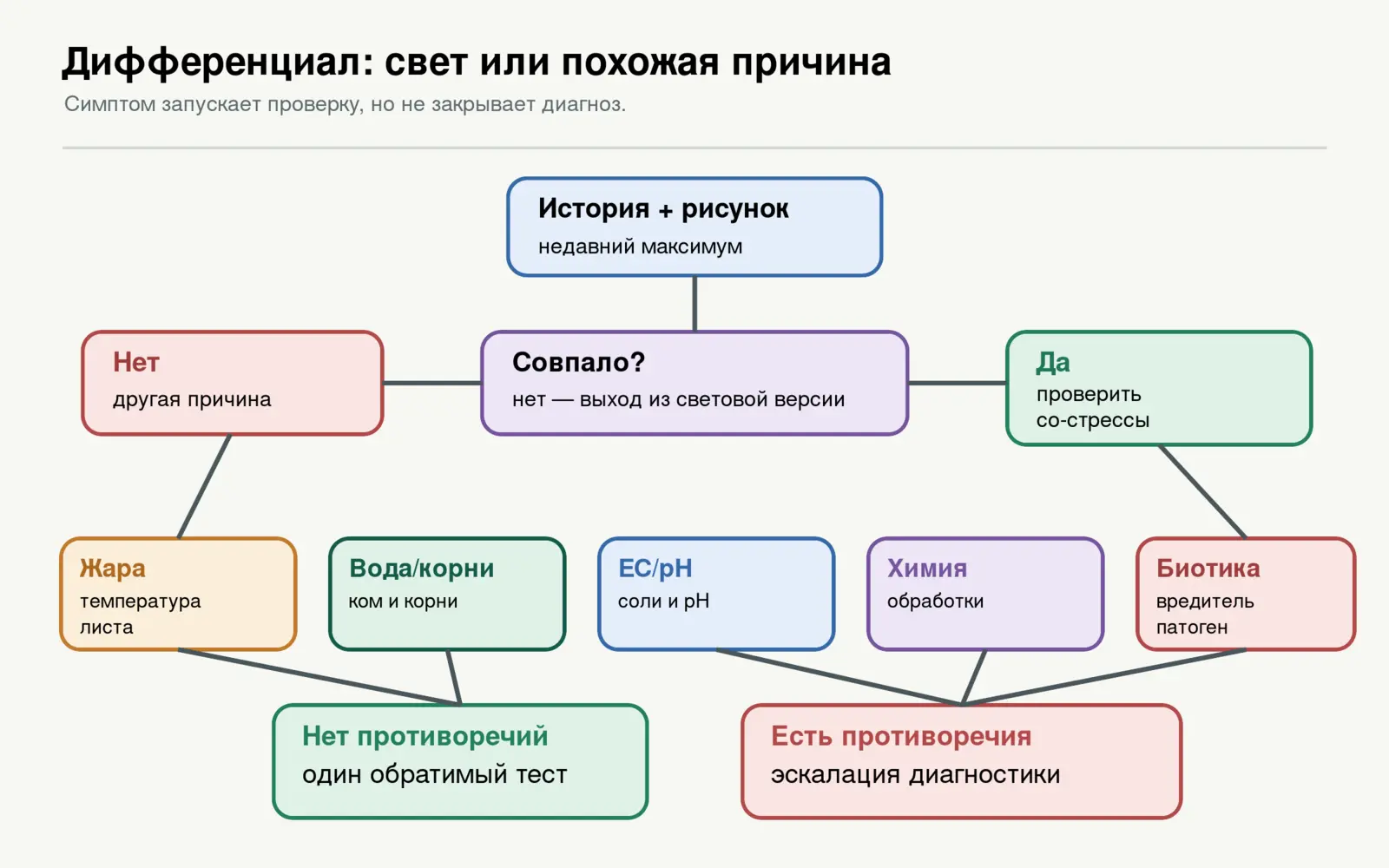 Дерево дифференциальной диагностики: история и рисунок света, проверки жары, корней, EC/pH, химии и биотических причин.