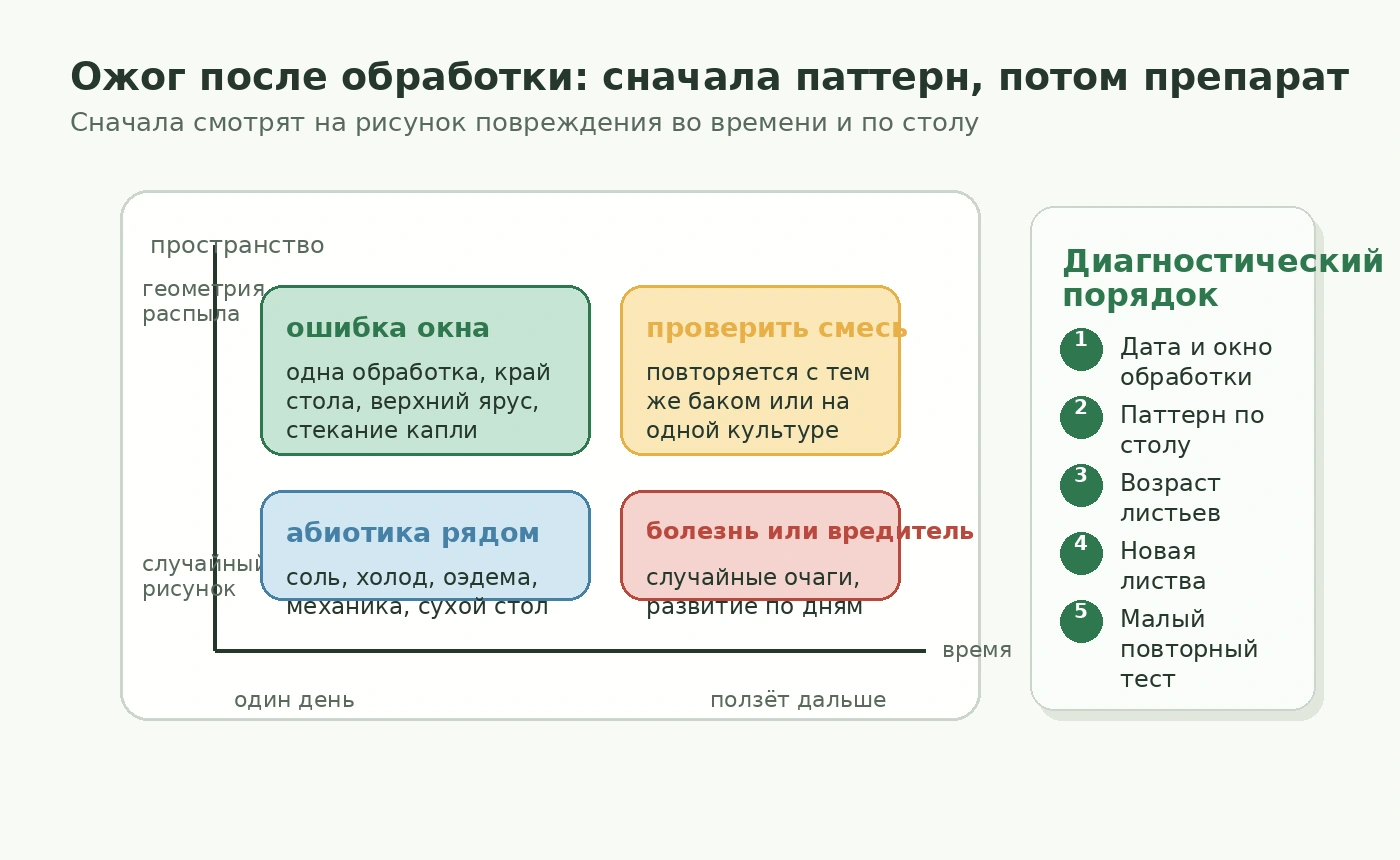 Карта диагностики ожога после обработки: паттерн по времени и пространству перед обвинением препарата