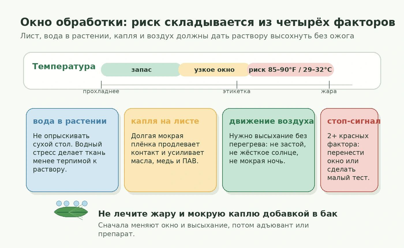 Окно обработки: температура листа, вода в растении, мокрая капля и движение воздуха как четыре фактора риска