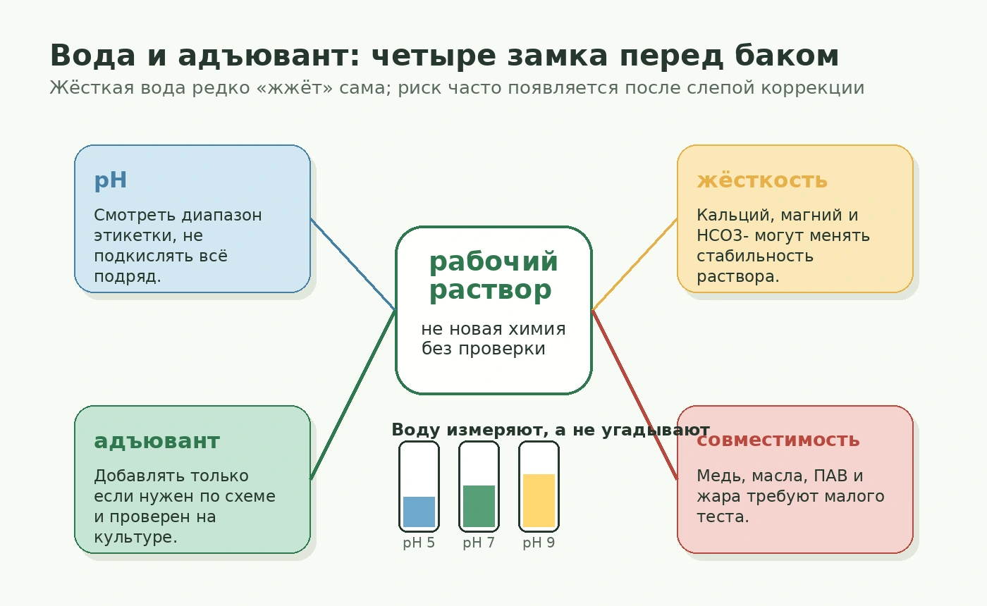 Вода и адъювант перед баком: pH, жёсткость, адъювант и совместимость как четыре проверки