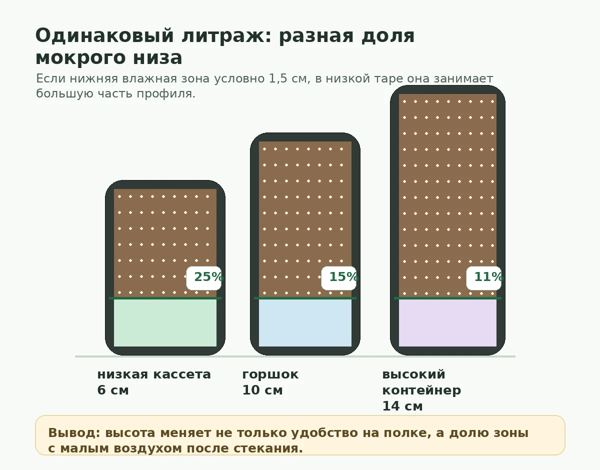 Схема: одинаковый нижний влажный слой занимает разную долю в низкой кассете, горшке и высоком контейнере