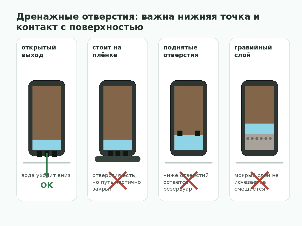 Схема четырёх вариантов нижнего дренажа: открытый выход, перекрытый контакт, поднятые отверстия и гравийный слой