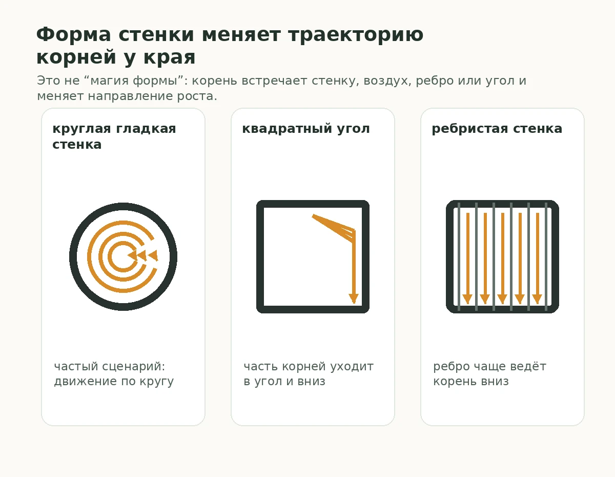 Схема траектории корней у круглой гладкой стенки, квадратного угла и ребристой стенки контейнера