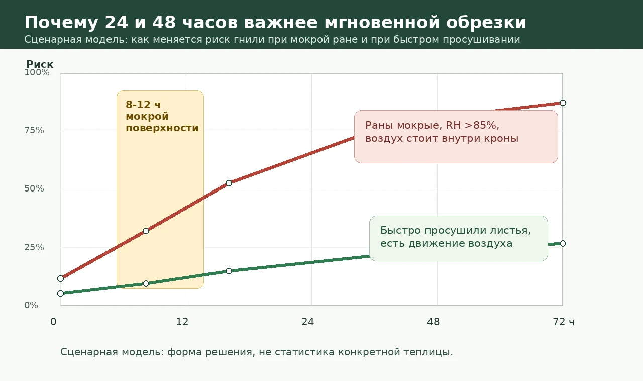Сценарный график риска гнили после градобоя при мокрой ране и при быстром просушивании листьев