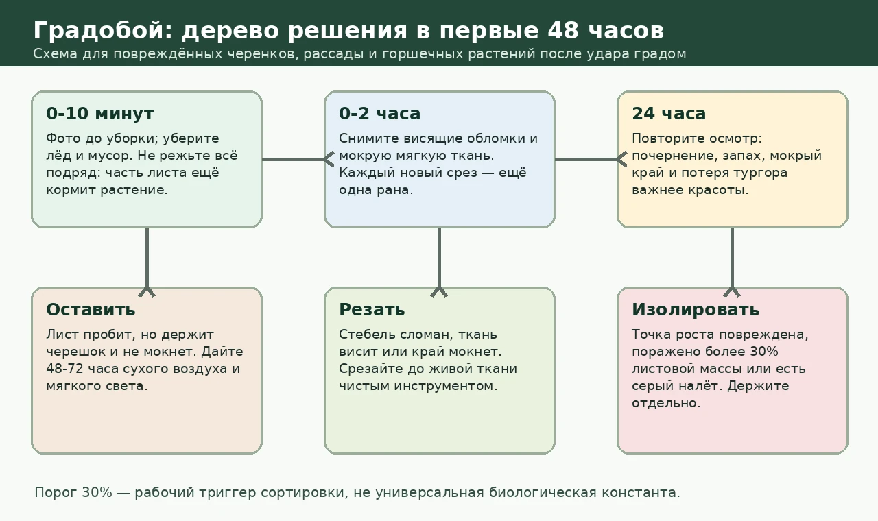Дерево решения после градобоя: фото, первичная уборка, осмотр через 24 часа, затем оставить, резать или изолировать