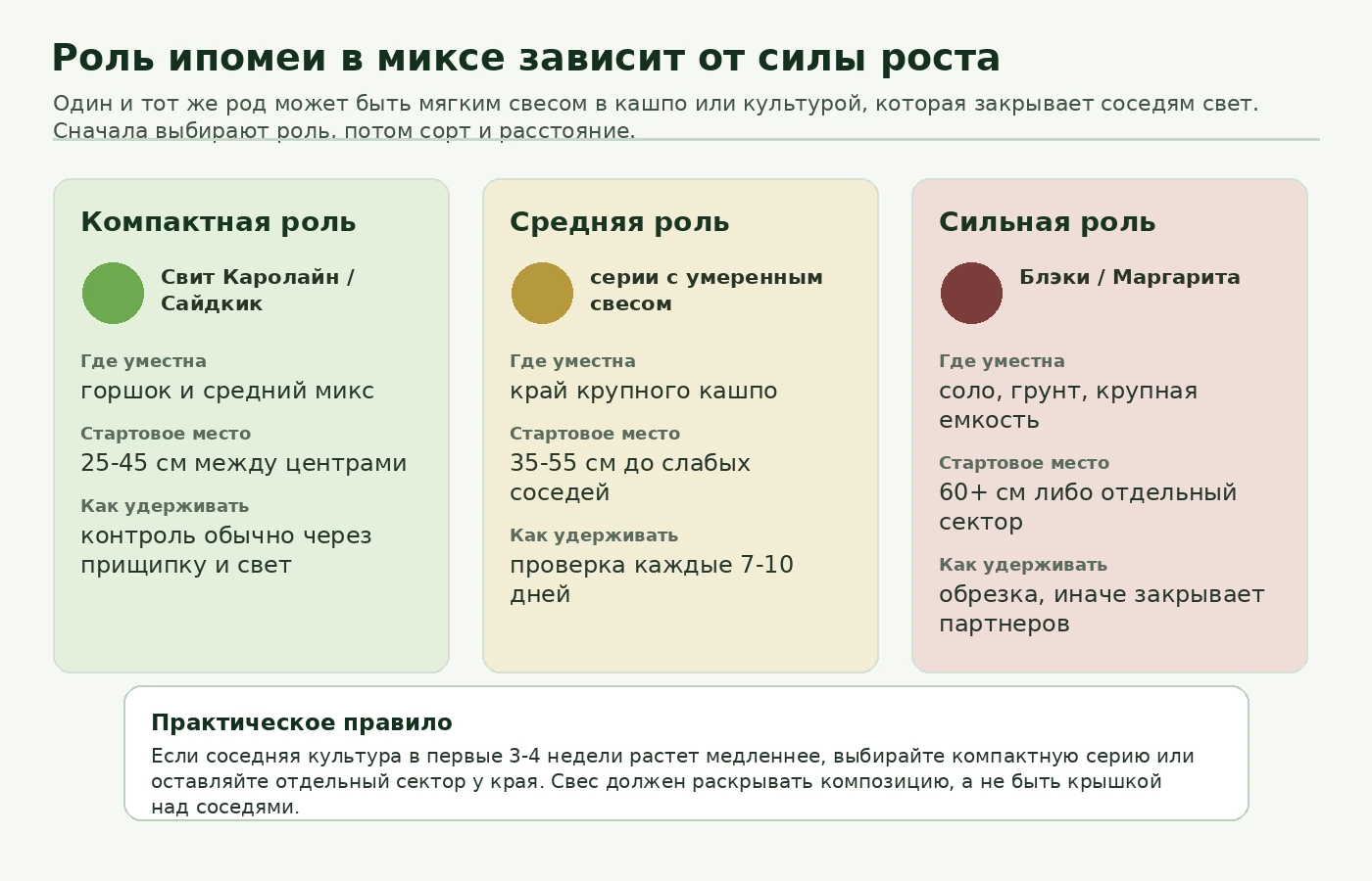 Схема выбора роли ипомеи по силе роста в миксе