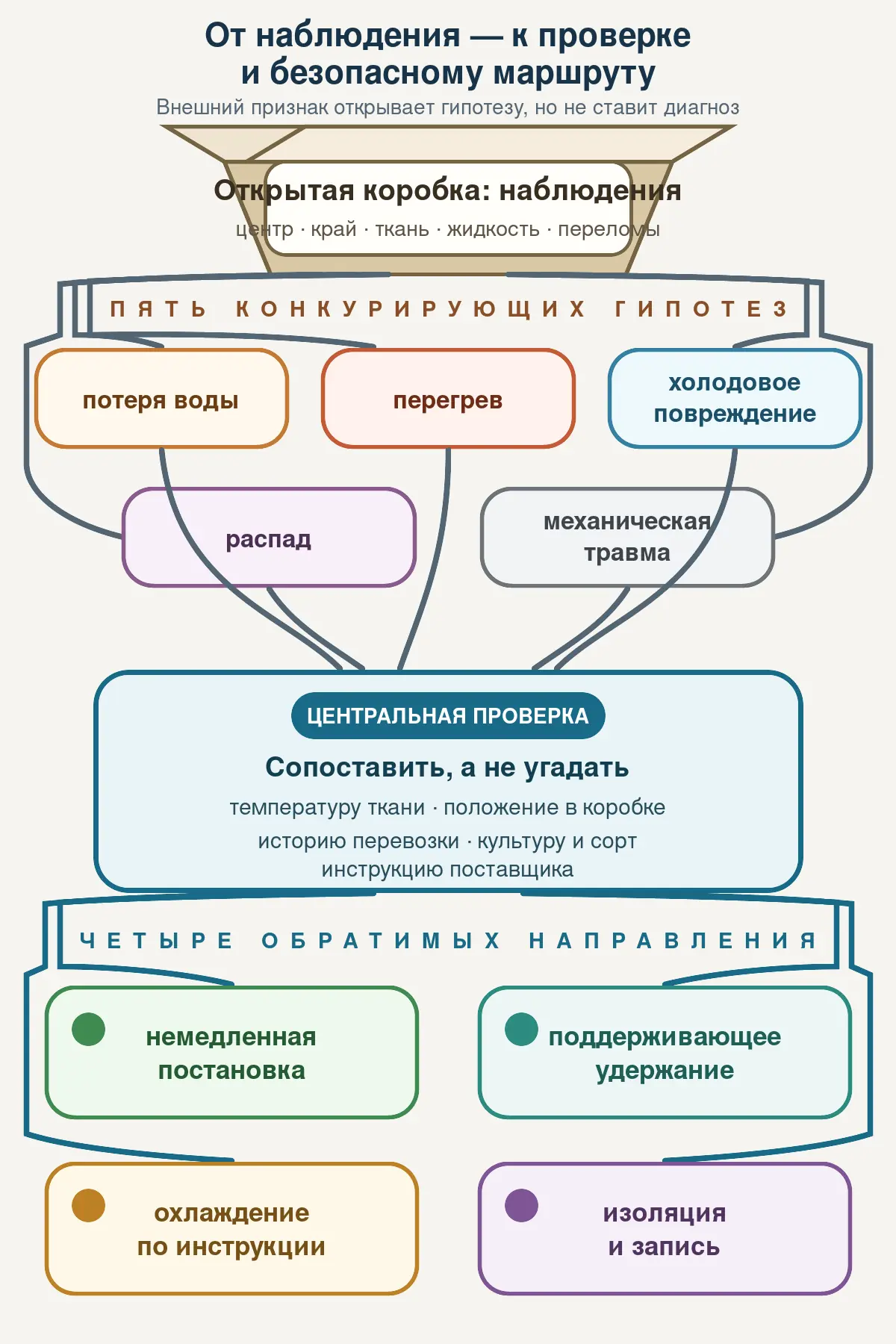 Схема от одной открытой коробки к пяти возможным режимам повреждения и далее к четырём безопасным классам назначения без диагноза по одному признаку.