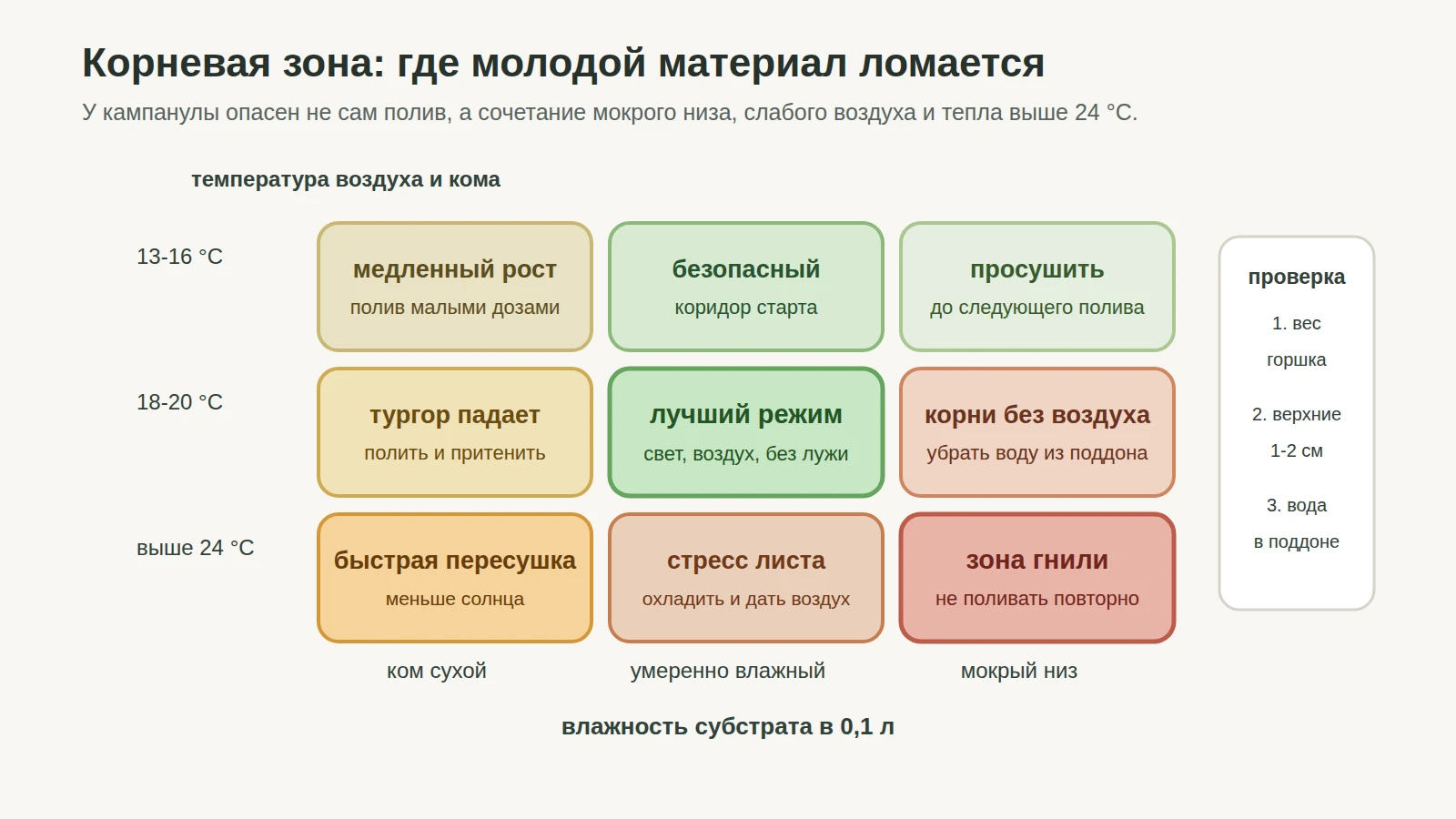 Матрица риска корневой зоны кампанулы Бали по влажности субстрата и температуре