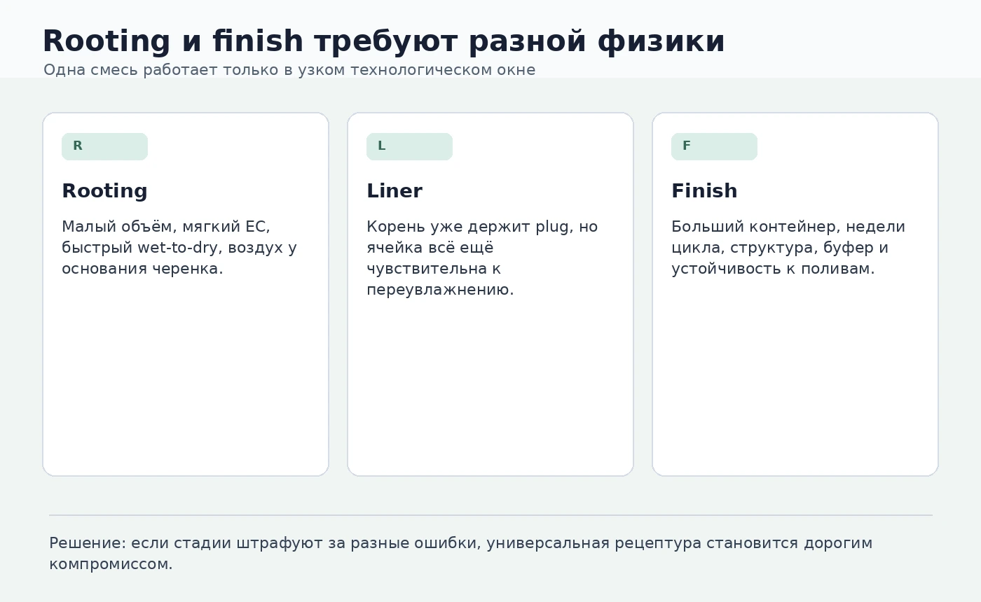 Схема различий между смесью для укоренения, liner и финишной культуры