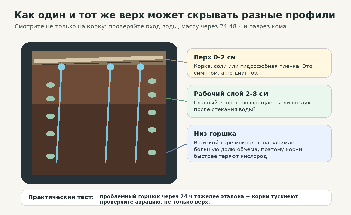 Схема разреза горшка: поверхностная корка, средний профиль и мокрая зона у дна проверяются отдельно