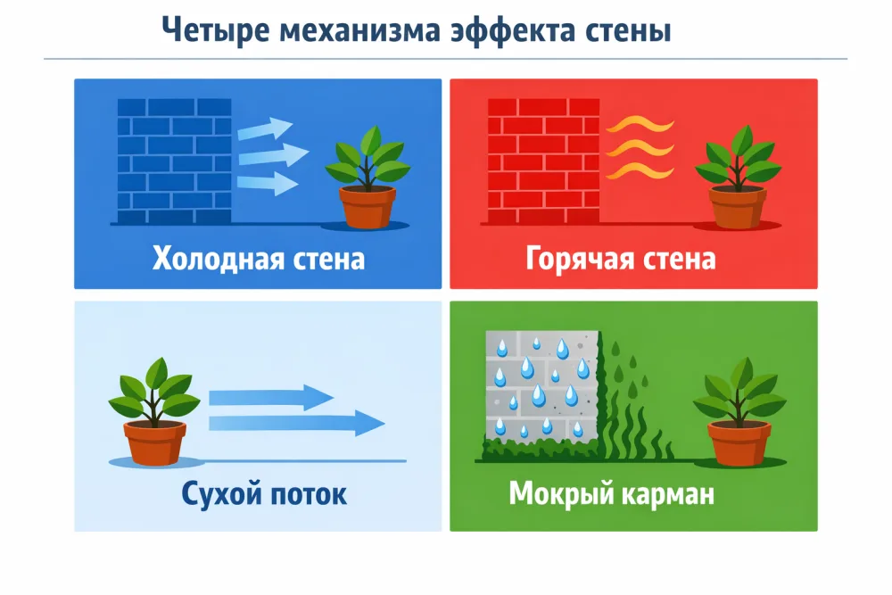 Схема четырёх механизмов эффекта стены: холодная стена, горячая стена, сухой направленный поток воздуха и мокрый карман