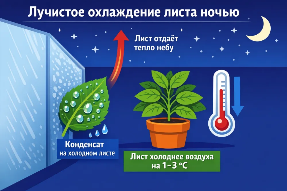 Схема ночного лучистого охлаждения листа у стены: лист отдаёт тепло небу, становится холоднее воздуха и собирает конденсат