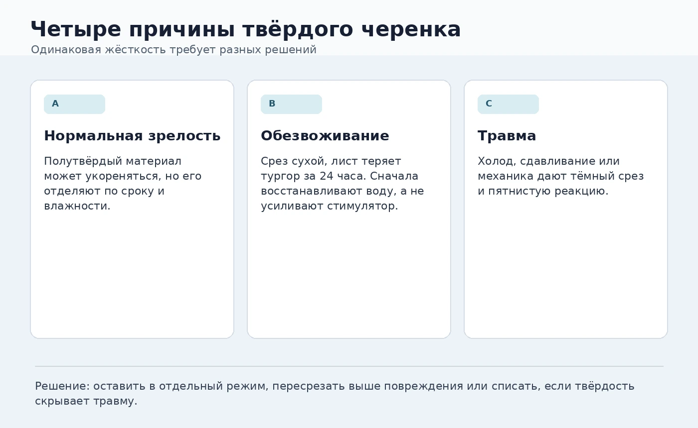 Схема дифференциации твёрдого черенка: зрелость, обезвоживание, травма
