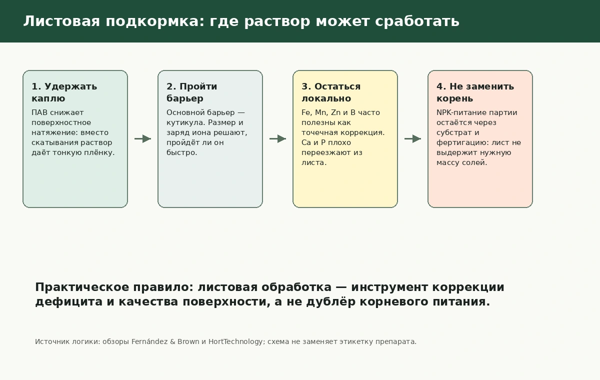 Схема: удержание капли, прохождение через кутикулу, локальная подвижность элемента и граница корневого питания.