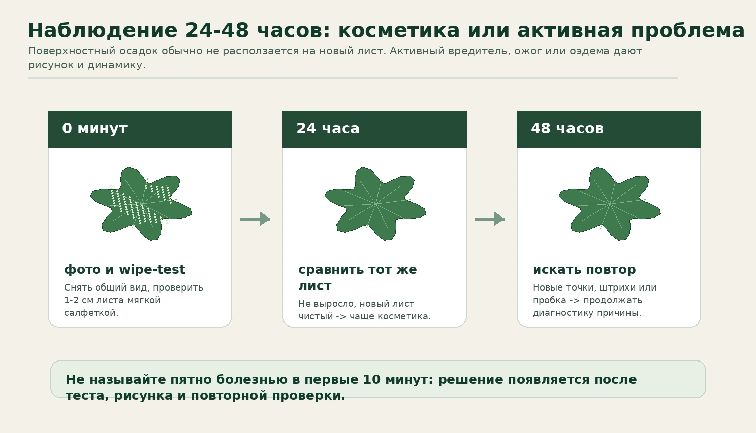Наблюдение матового налёта на листе в 0 минут, 24 часа и 48 часов