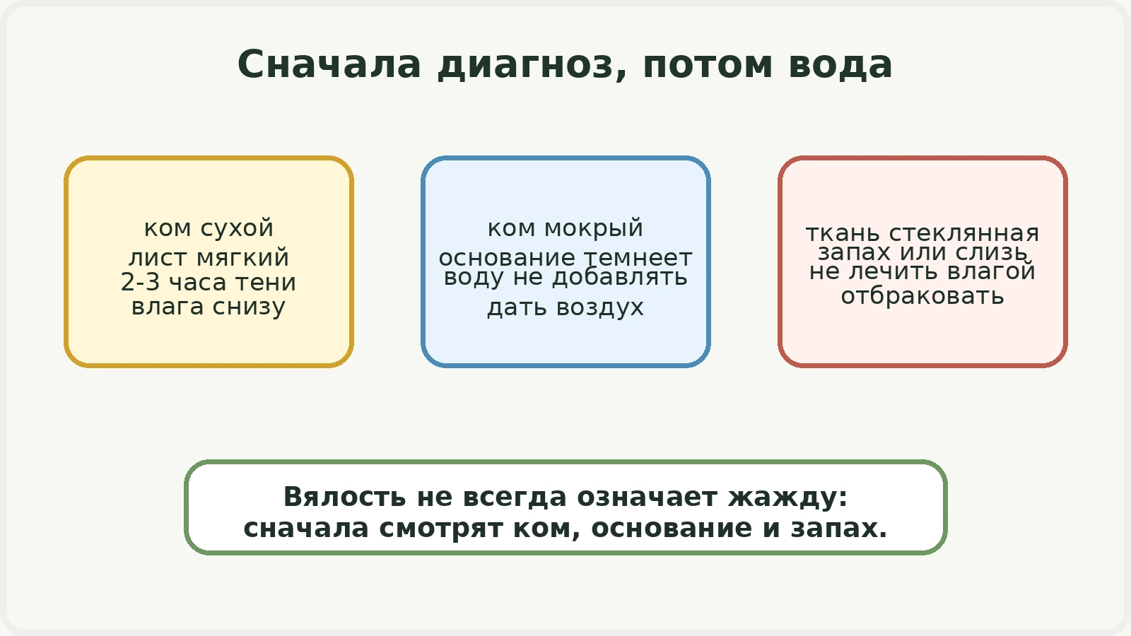 Диаграмма: сначала диагноз по кому, основанию и запаху, потом вода